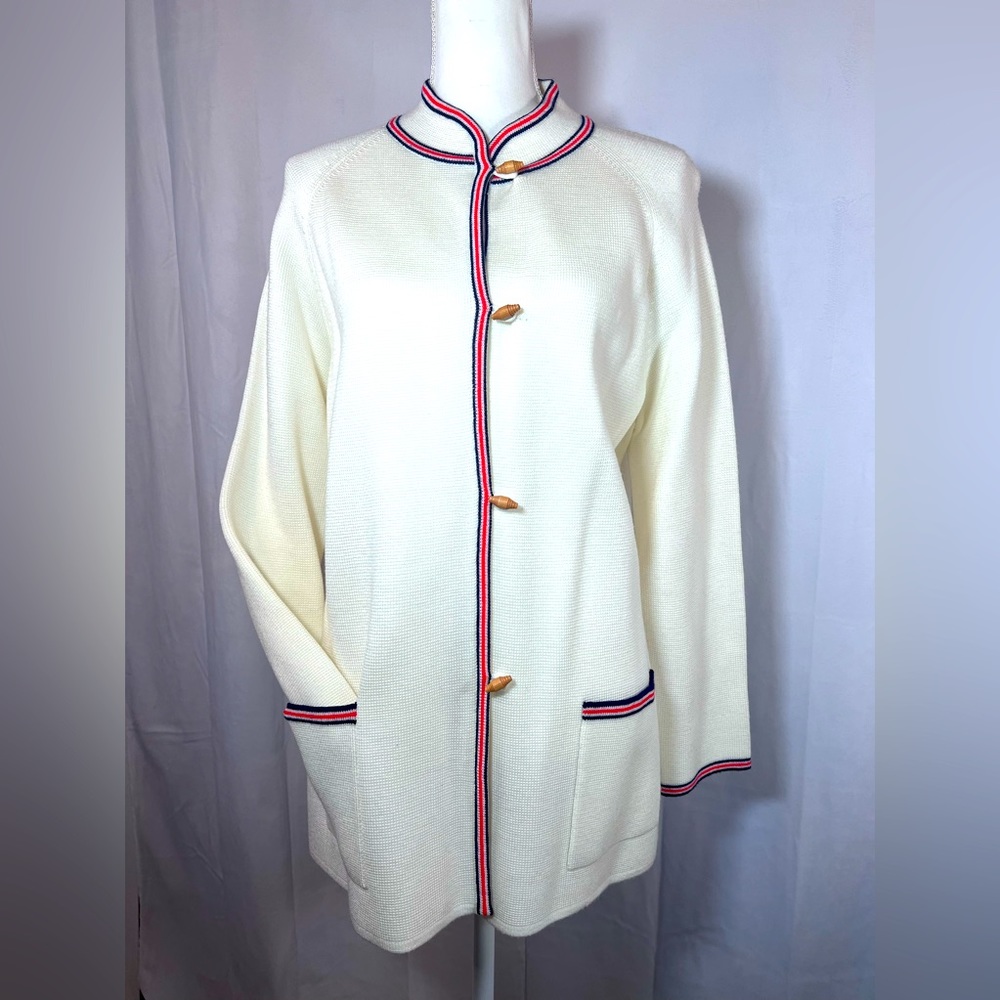 BONNIE LEE Division of Leroy Vintage Cream Red Blue Piping Wood Button Cardigan